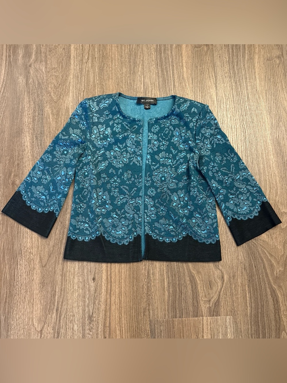 St. John Teal Floral Jacquard Open Cardigan with Black Trim
